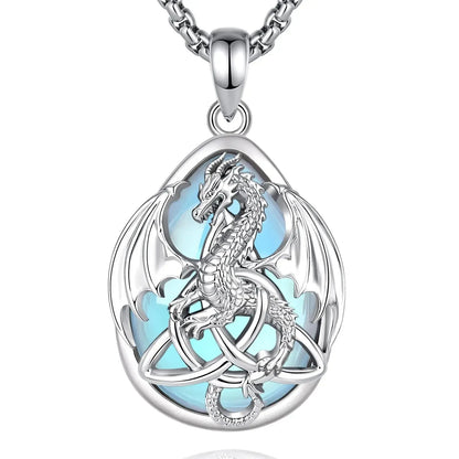 Moonstone dragon necklace with winged outline and Celtic knotwork on white background