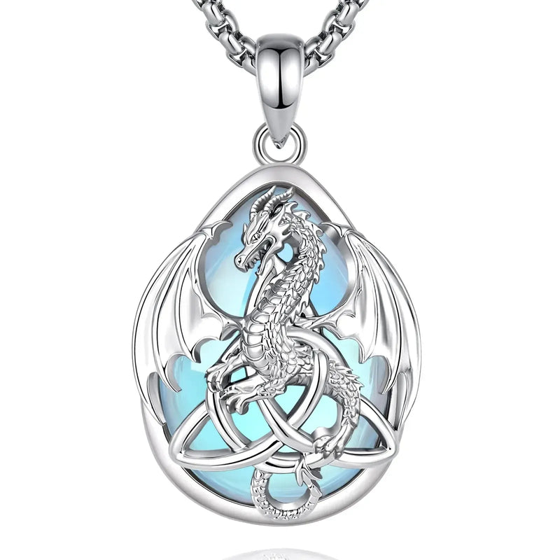 925 Silver Moonstone Dragon Necklace - Celtic Knot Pagan Pendant