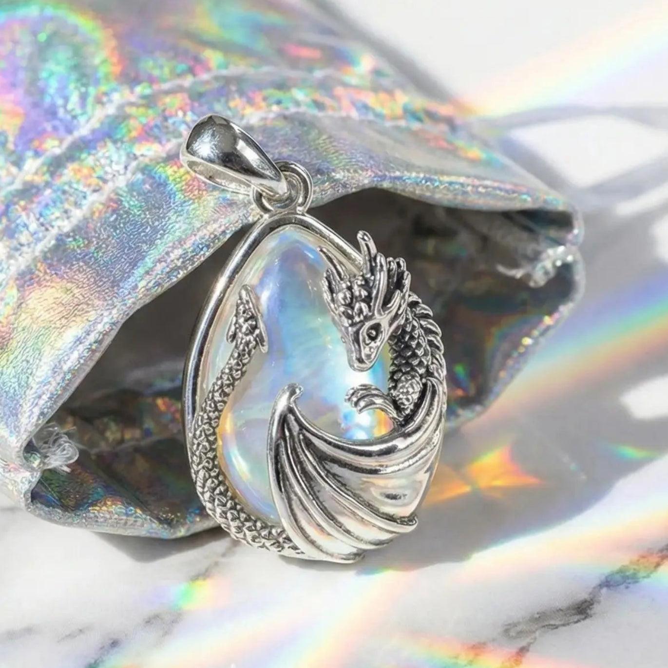 925 Silver Moonstone Dragon Necklace Energy Healing Crystal Stone Pendant Mystic Pagan Jewelry Spiritual Gift-MoonChildWorld