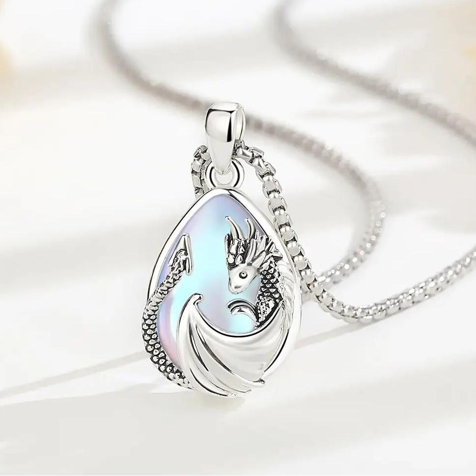 925 Silver Moonstone Dragon Necklace Energy Healing Crystal Stone Pendant Mystic Pagan Jewelry Spiritual Gift-MoonChildWorld