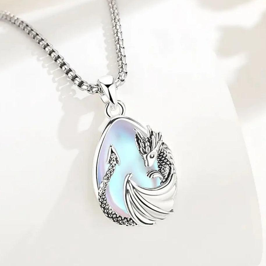 925 Silver Moonstone Dragon Necklace Energy Healing Crystal Stone Pendant Mystic Pagan Jewelry Spiritual Gift-MoonChildWorld