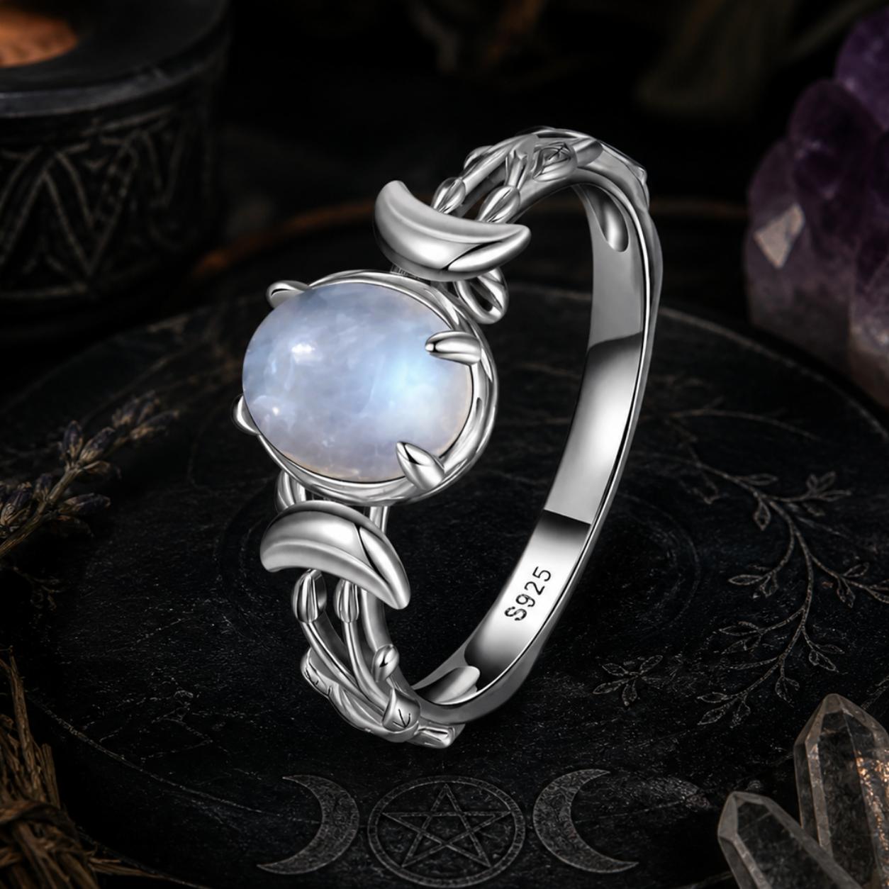 925 Silver Moonstone Triple Moon Ring Wiccan Ring Pagan Jewelry-MoonChildWorld