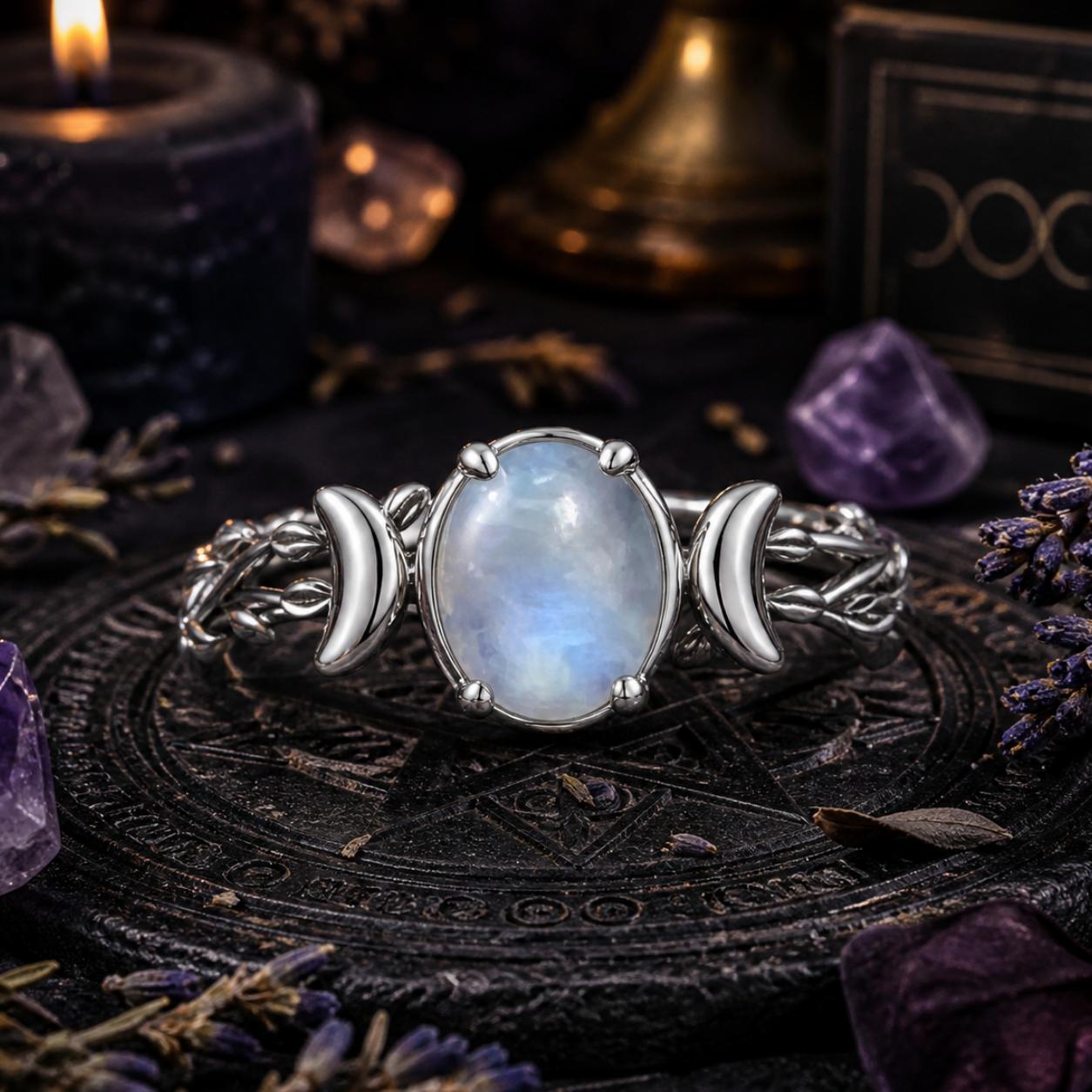 925 Silver Moonstone Triple Moon Ring Wiccan Ring Pagan Jewelry-MoonChildWorld