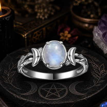 925 Silver Moonstone Triple Moon Ring Wiccan Ring Pagan Jewelry-MoonChildWorld