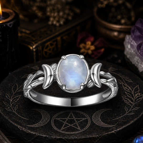 925 Silver Moonstone Triple Moon Ring Wiccan Ring Pagan Jewelry-MoonChildWorld