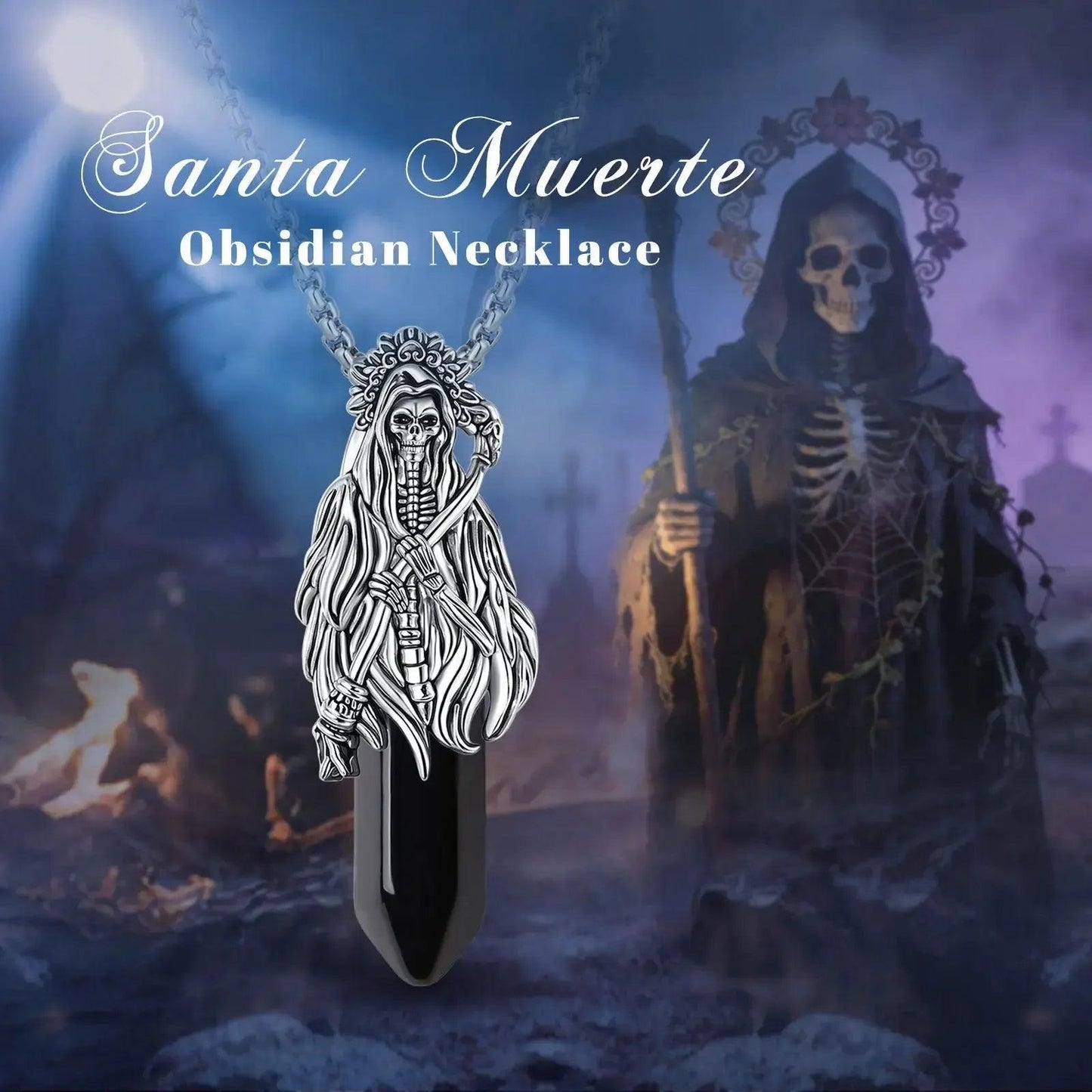 925 Silver Obsidian Grim Reaper Necromancer Skeleton Skull Necklace - Holy Death Scythe Mexican Pendant Gothic Jewelry Halloween Gift-MoonChildWorld