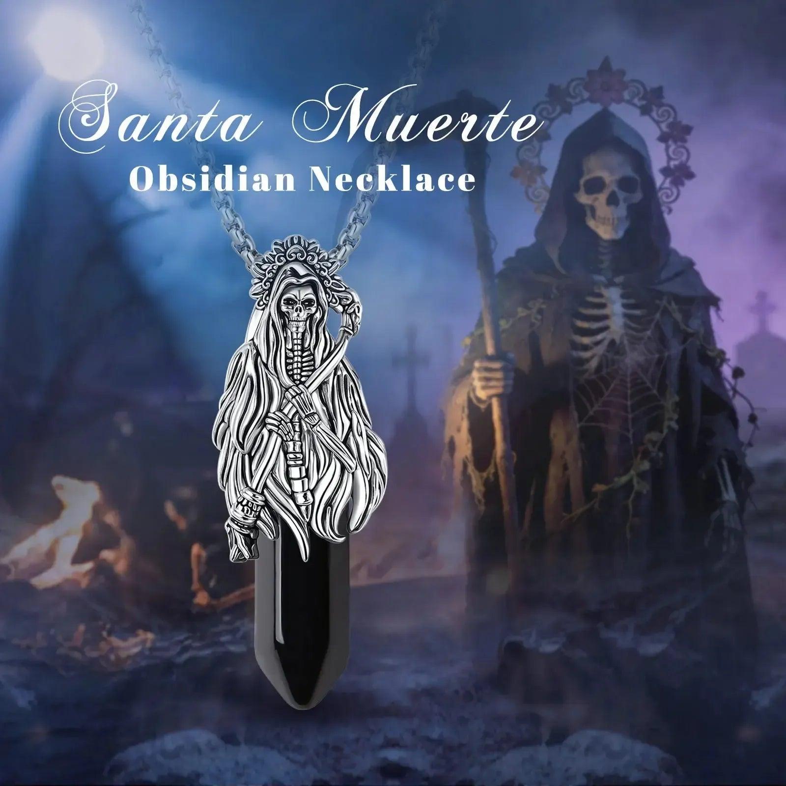 925 Silver Obsidian Grim Reaper Necromancer Skeleton Skull Necklace - Holy Death Scythe Mexican Pendant Gothic Jewelry Halloween Gift-MoonChildWorld