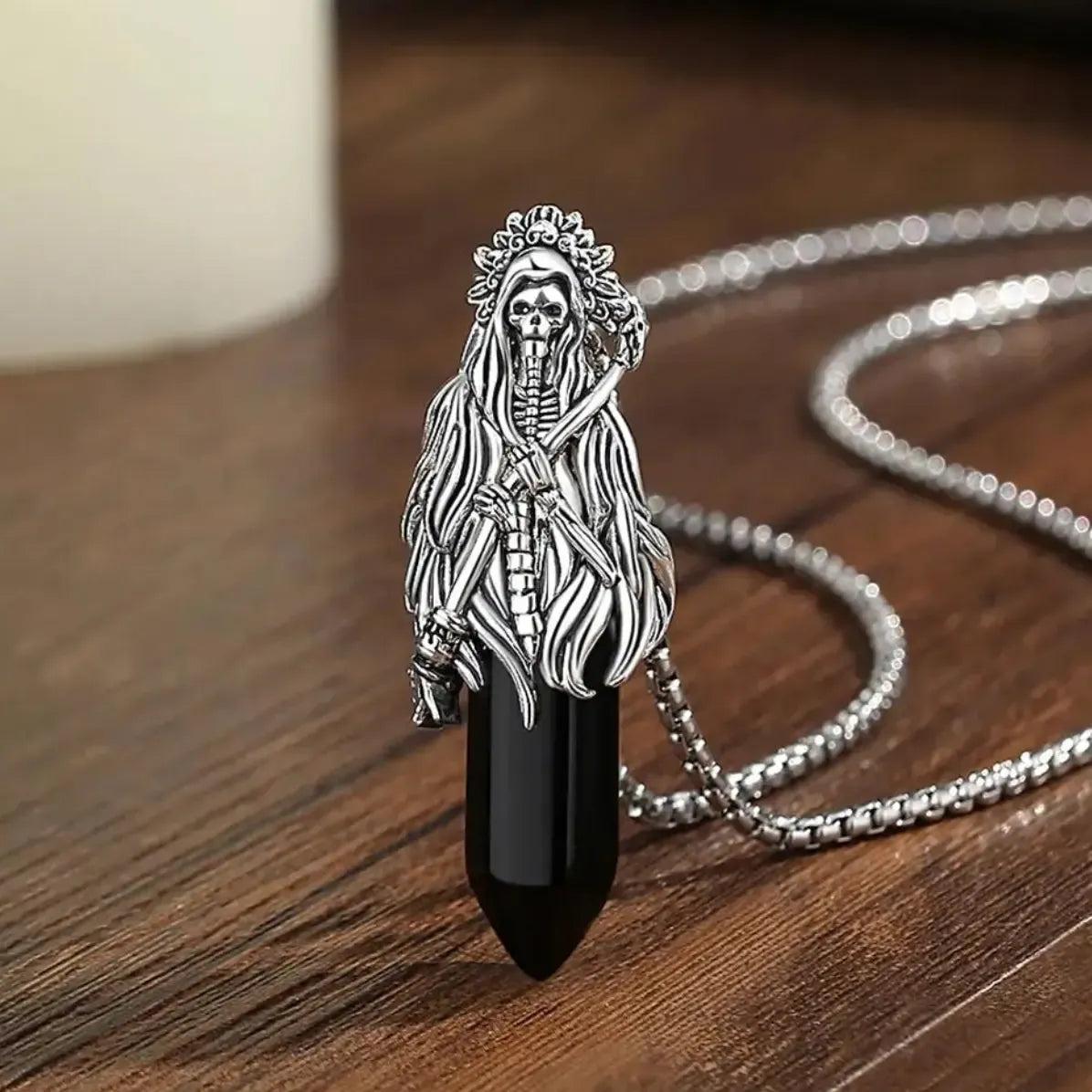 925 Silver Obsidian Grim Reaper Necromancer Skeleton Skull Necklace - Holy Death Scythe Mexican Pendant Gothic Jewelry Halloween Gift-MoonChildWorld