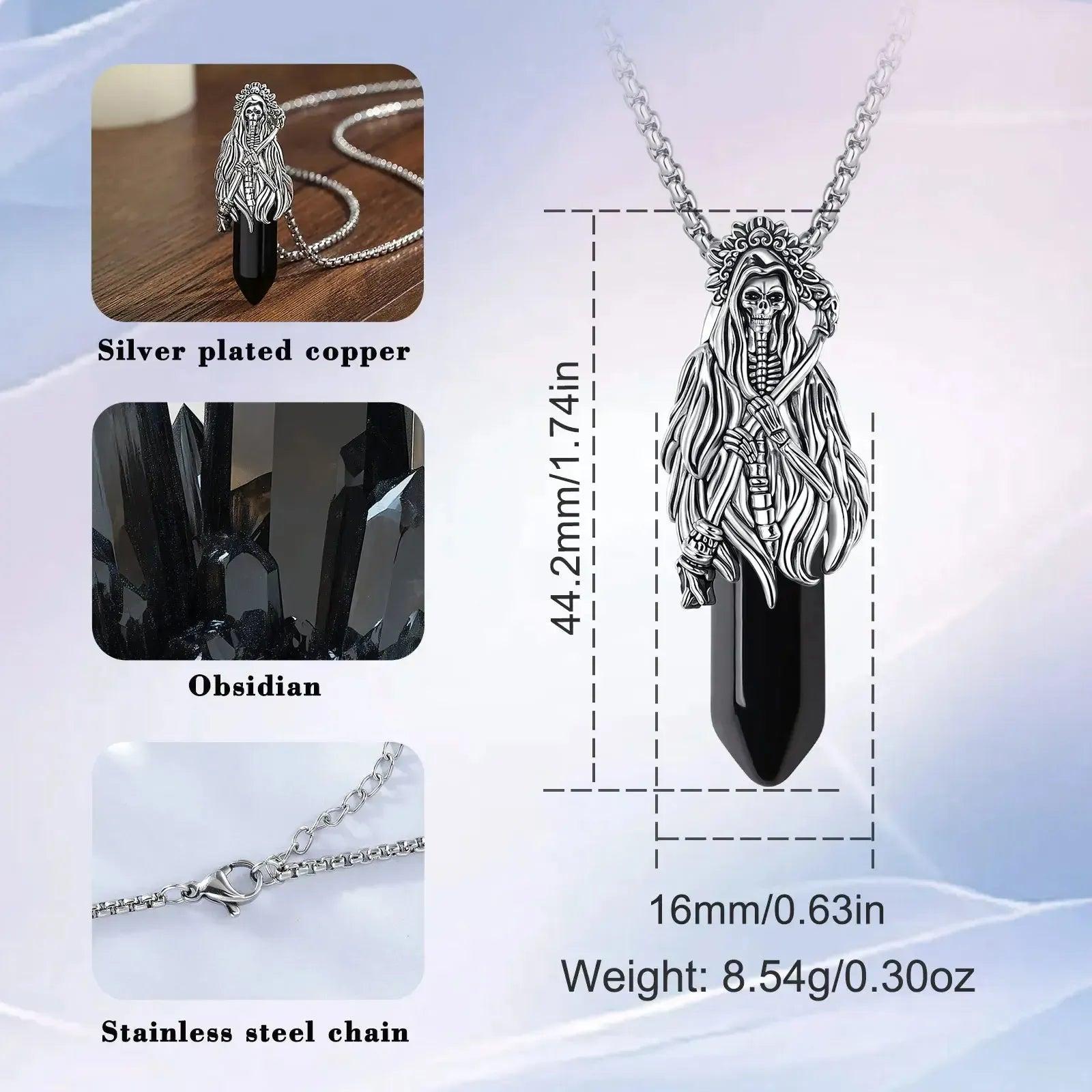 925 Silver Obsidian Grim Reaper Necromancer Skeleton Skull Necklace - Holy Death Scythe Mexican Pendant Gothic Jewelry Halloween Gift-MoonChildWorld