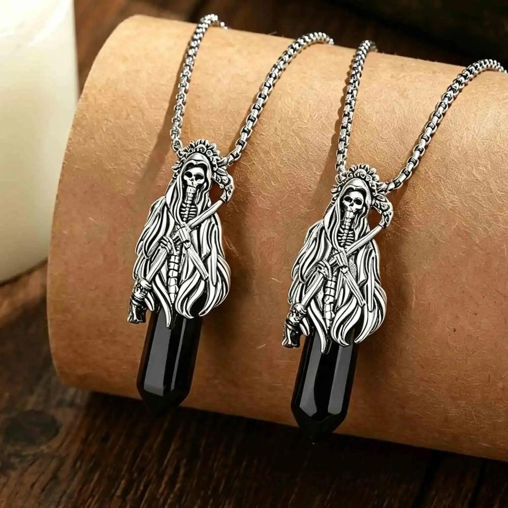 925 Silver Obsidian Grim Reaper Necromancer Skeleton Skull Necklace - Holy Death Scythe Mexican Pendant Gothic Jewelry Halloween Gift-MoonChildWorld