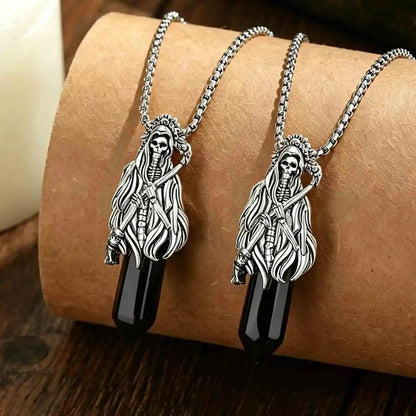 925 Silver Obsidian Grim Reaper Necromancer Skeleton Skull Necklace - Holy Death Scythe Mexican Pendant Gothic Jewelry Halloween Gift-MoonChildWorld