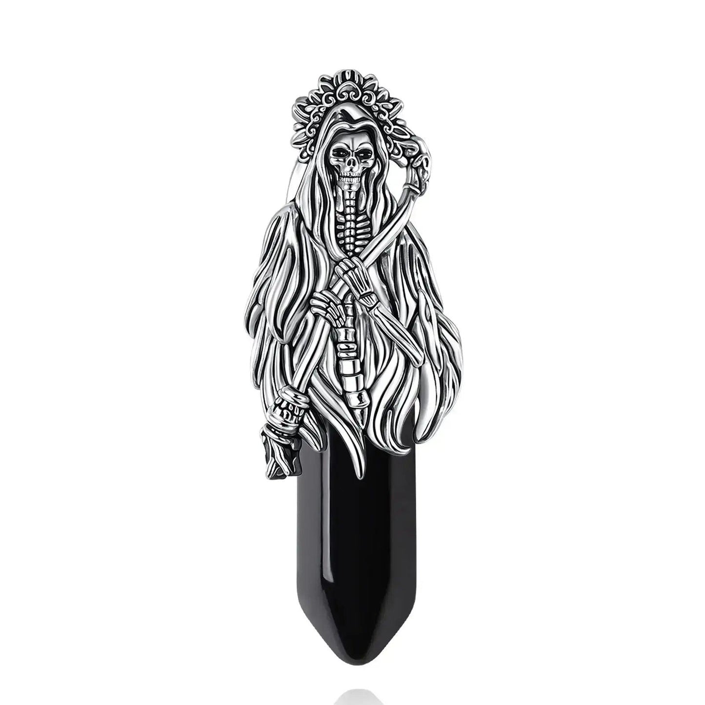 925 Silver Obsidian Grim Reaper Necromancer Skeleton Skull Necklace - Holy Death Scythe Mexican Pendant Gothic Jewelry Halloween Gift-MoonChildWorld