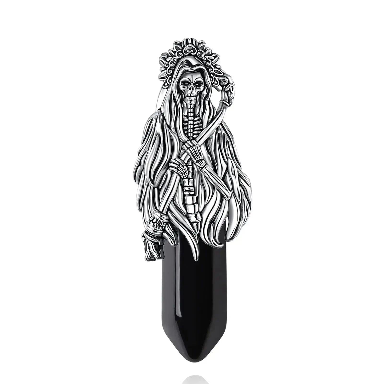 925 Silver Obsidian Grim Reaper Necromancer Skeleton Skull Necklace - Holy Death Scythe Mexican Pendant Gothic Jewelry Halloween Gift-MoonChildWorld