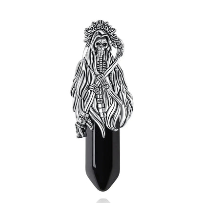 925 Silver Obsidian Grim Reaper Necromancer Skeleton Skull Necklace - Holy Death Scythe Mexican Pendant Gothic Jewelry Halloween Gift-MoonChildWorld