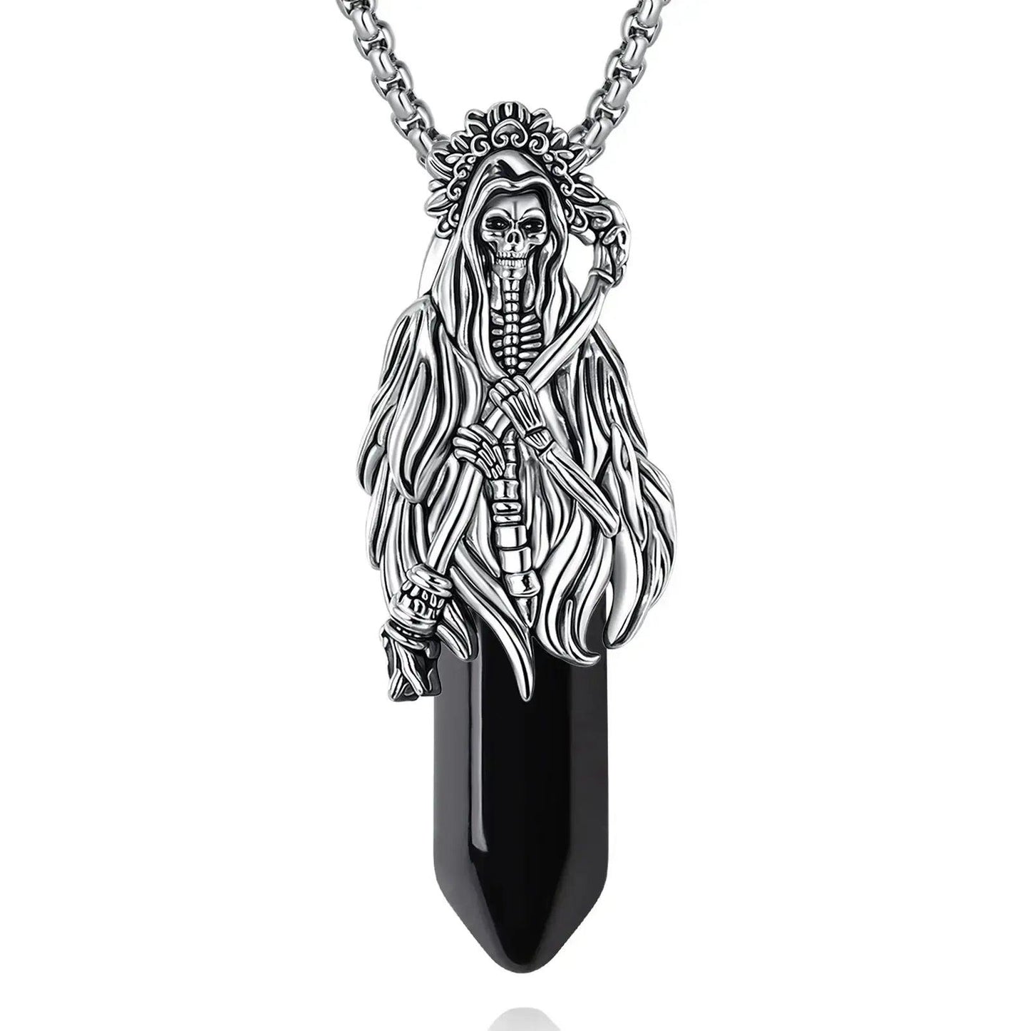 925 Silver Obsidian Grim Reaper Necromancer Skeleton Skull Necklace - Holy Death Scythe Mexican Pendant Gothic Jewelry Halloween Gift-MoonChildWorld