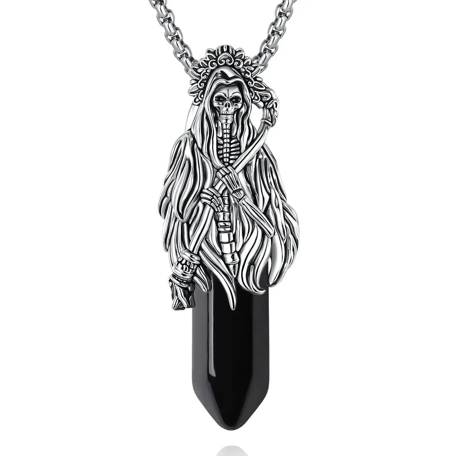 925 Silver Obsidian Grim Reaper Necromancer Skeleton Skull Necklace - Holy Death Scythe Mexican Pendant Gothic Jewelry Halloween Gift-MoonChildWorld