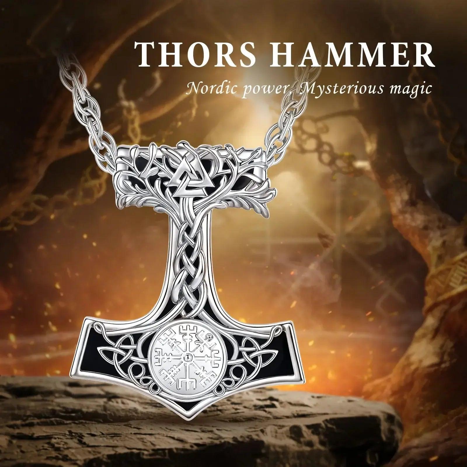 925 Silver Obsidian Mjolnir Thors Hammer Necklace Viking Compass Yggdrasil Pendant Tree of Life Pagan Jewelry-MoonChildWorld