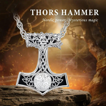 925 Silver Obsidian Mjolnir Thors Hammer Necklace Viking Compass Yggdrasil Pendant Tree of Life Pagan Jewelry-MoonChildWorld