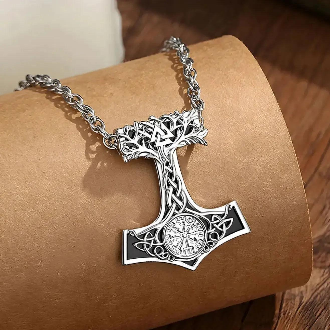925 Silver Obsidian Mjolnir Thors Hammer Necklace Viking Compass Yggdrasil Pendant Tree of Life Pagan Jewelry-MoonChildWorld