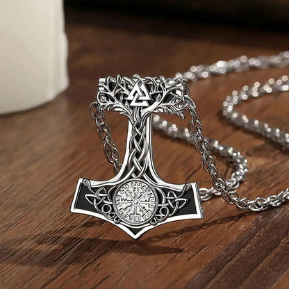925 Silver Obsidian Mjolnir Thors Hammer Necklace Viking Compass Yggdrasil Pendant Tree of Life Pagan Jewelry-MoonChildWorld