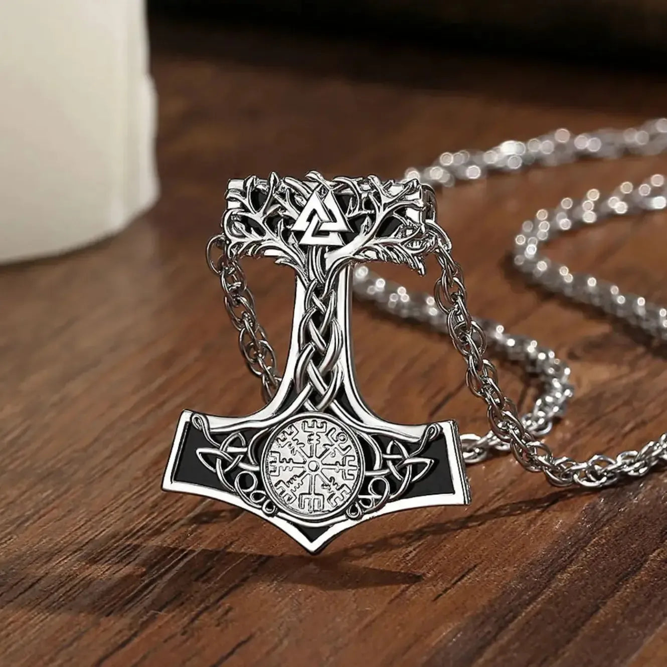 925 Silver Obsidian Mjolnir Thors Hammer Necklace Viking Compass Yggdrasil Pendant Tree of Life Pagan Jewelry-MoonChildWorld