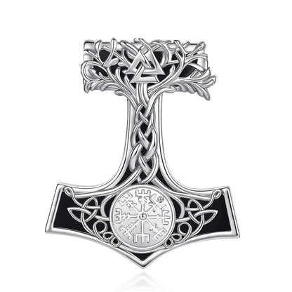 925 Silver Obsidian Mjolnir Thors Hammer Necklace Viking Compass Yggdrasil Pendant Tree of Life Pagan Jewelry-MoonChildWorld
