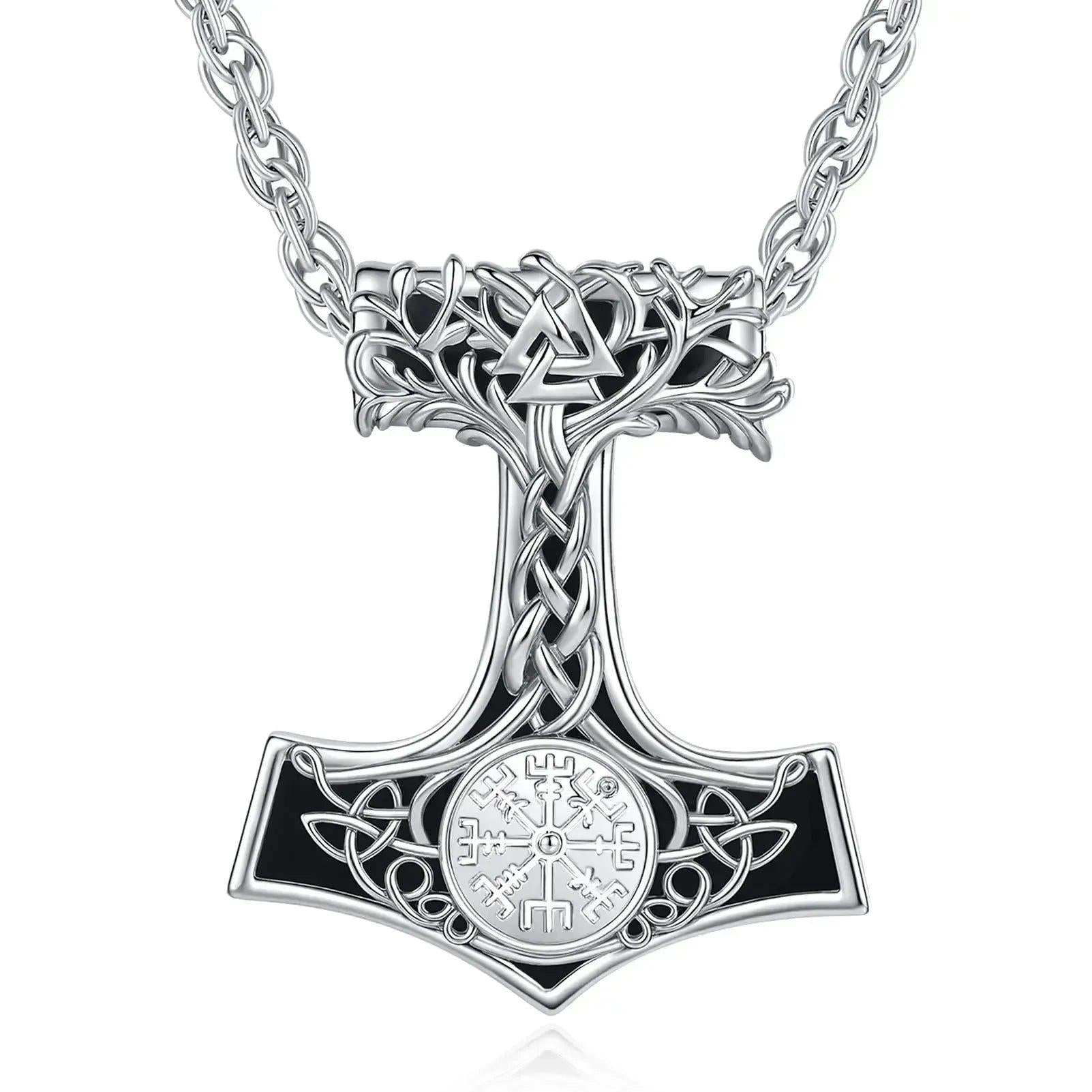 925 Silver Obsidian Mjolnir Thors Hammer Necklace Viking Compass Yggdrasil Pendant Tree of Life Pagan Jewelry-MoonChildWorld