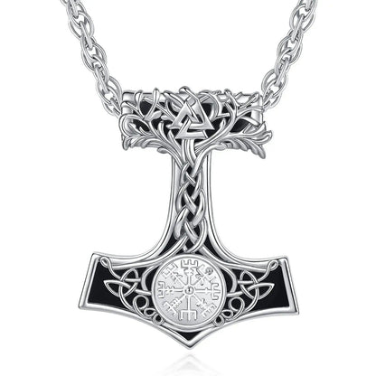 925 Silver Obsidian Mjolnir Thors Hammer Necklace Viking Compass Yggdrasil Pendant Tree of Life Pagan Jewelry-MoonChildWorld