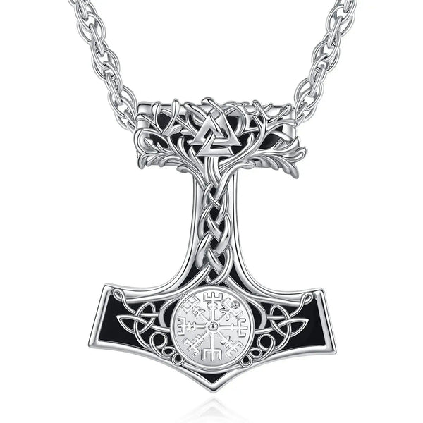 925 Silver Obsidian Mjolnir Thors Hammer Necklace Viking Compass Yggdrasil Pendant Tree of Life Pagan Jewelry-MoonChildWorld