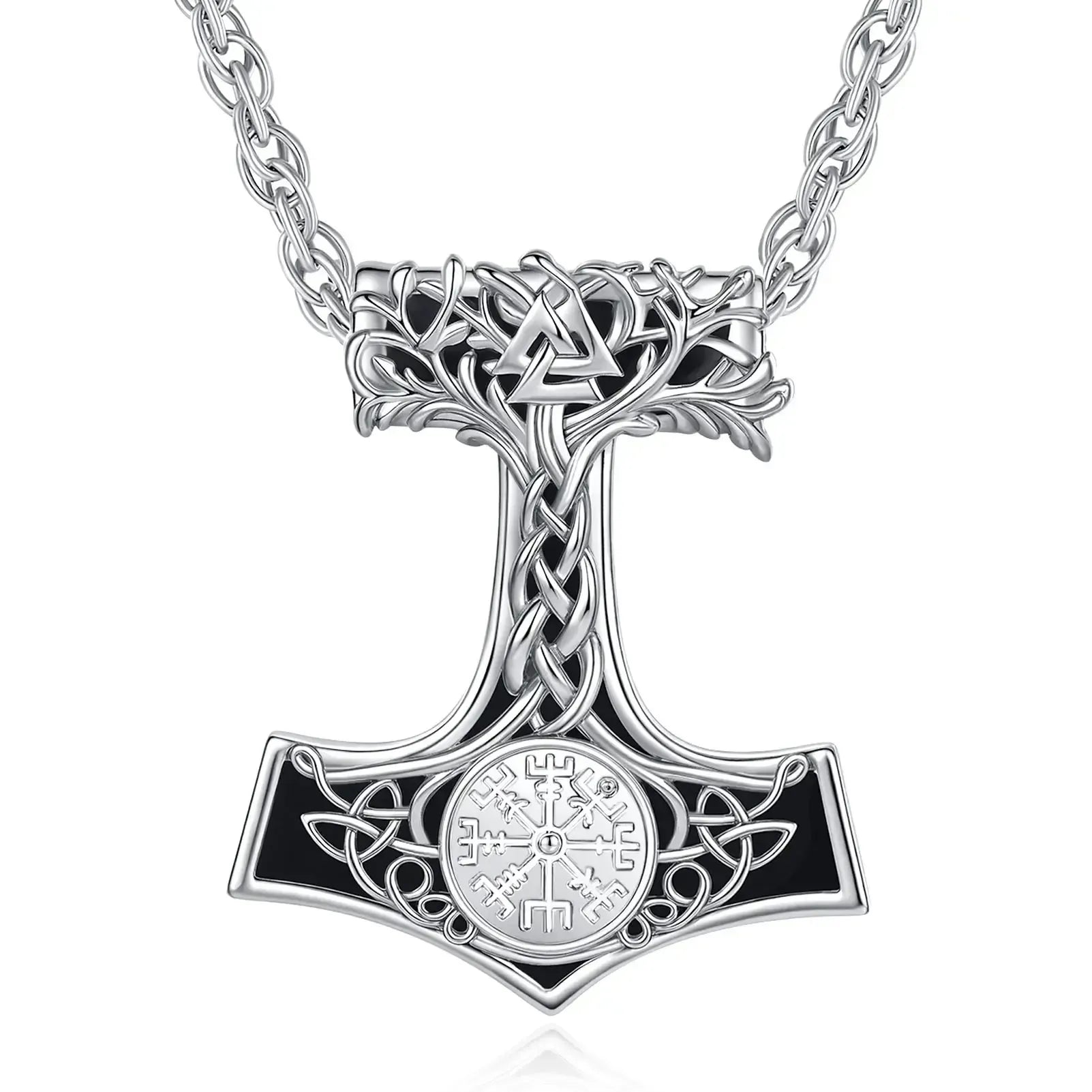 925 Silver Obsidian Mjolnir Thors Hammer Necklace Viking Compass Yggdrasil Pendant Tree of Life Pagan Jewelry-MoonChildWorld