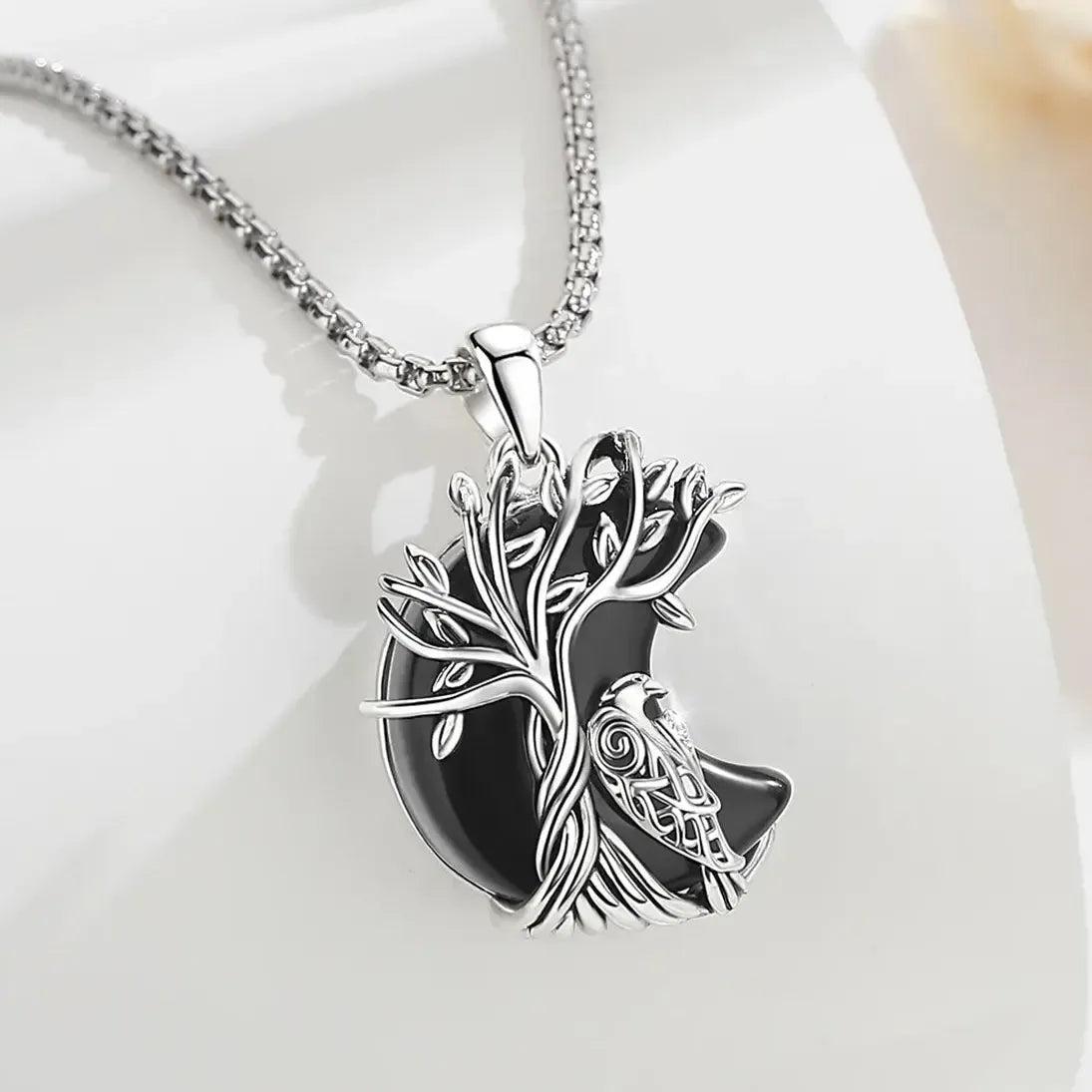 925 Silver Obsidian Tree of Life Raven Necklace - Witchy Crow Healing Stone Pendant Spiritual Pagan Jewelry-MoonChildWorld