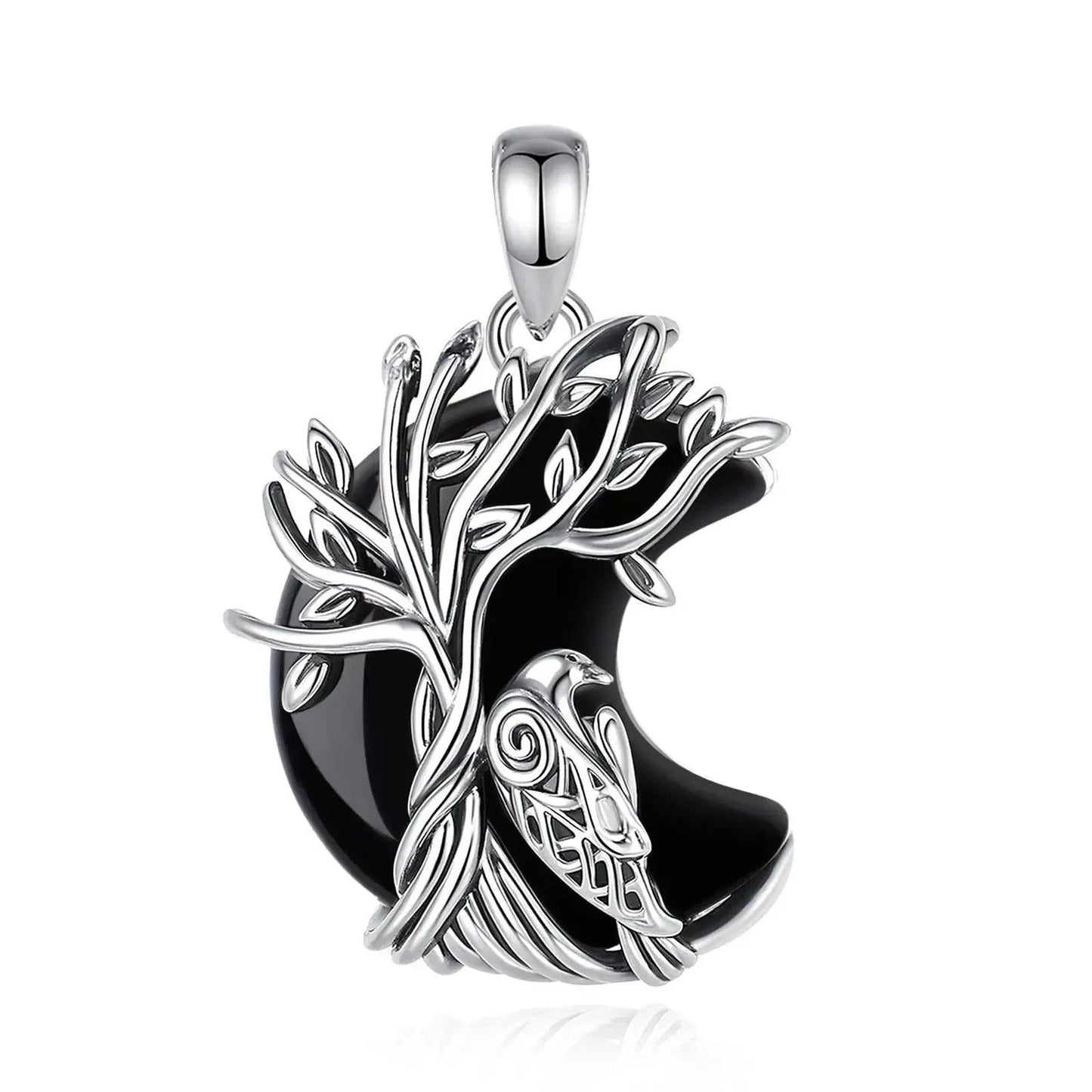 925 Silver Obsidian Tree of Life Raven Necklace - Witchy Crow Healing Stone Pendant Spiritual Pagan Jewelry-MoonChildWorld