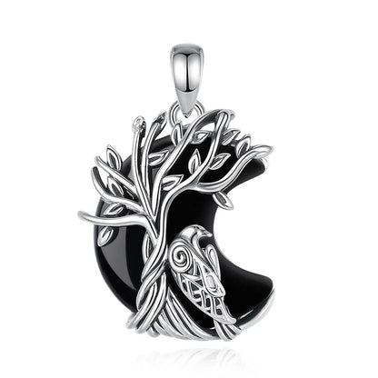 925 Silver Obsidian Tree of Life Raven Necklace - Witchy Crow Healing Stone Pendant Spiritual Pagan Jewelry-MoonChildWorld