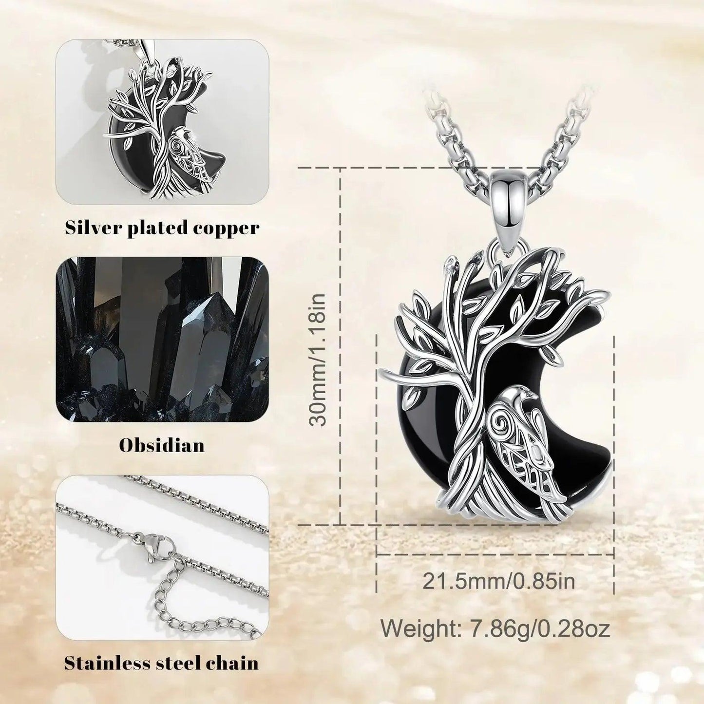 925 Silver Obsidian Tree of Life Raven Necklace - Witchy Crow Healing Stone Pendant Spiritual Pagan Jewelry-MoonChildWorld