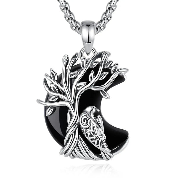 925 Silver Obsidian Tree of Life Raven Necklace - Witchy Crow Healing Stone Pendant Spiritual Pagan Jewelry-MoonChildWorld