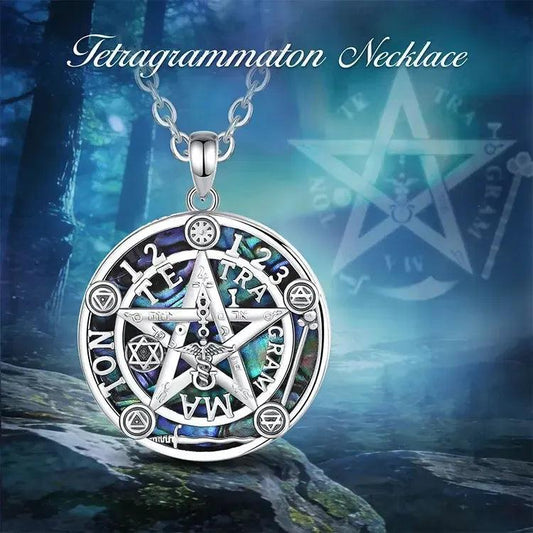 925 Silver Pentagram Necklace Natural Abalone Guardian Star Tetragrammaton Pendant Wicca Pagan Jewelry-MoonChildWorld