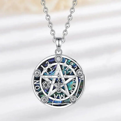 925 Silver Pentagram Necklace Natural Abalone Guardian Star Tetragrammaton Pendant Wicca Pagan Jewelry-MoonChildWorld