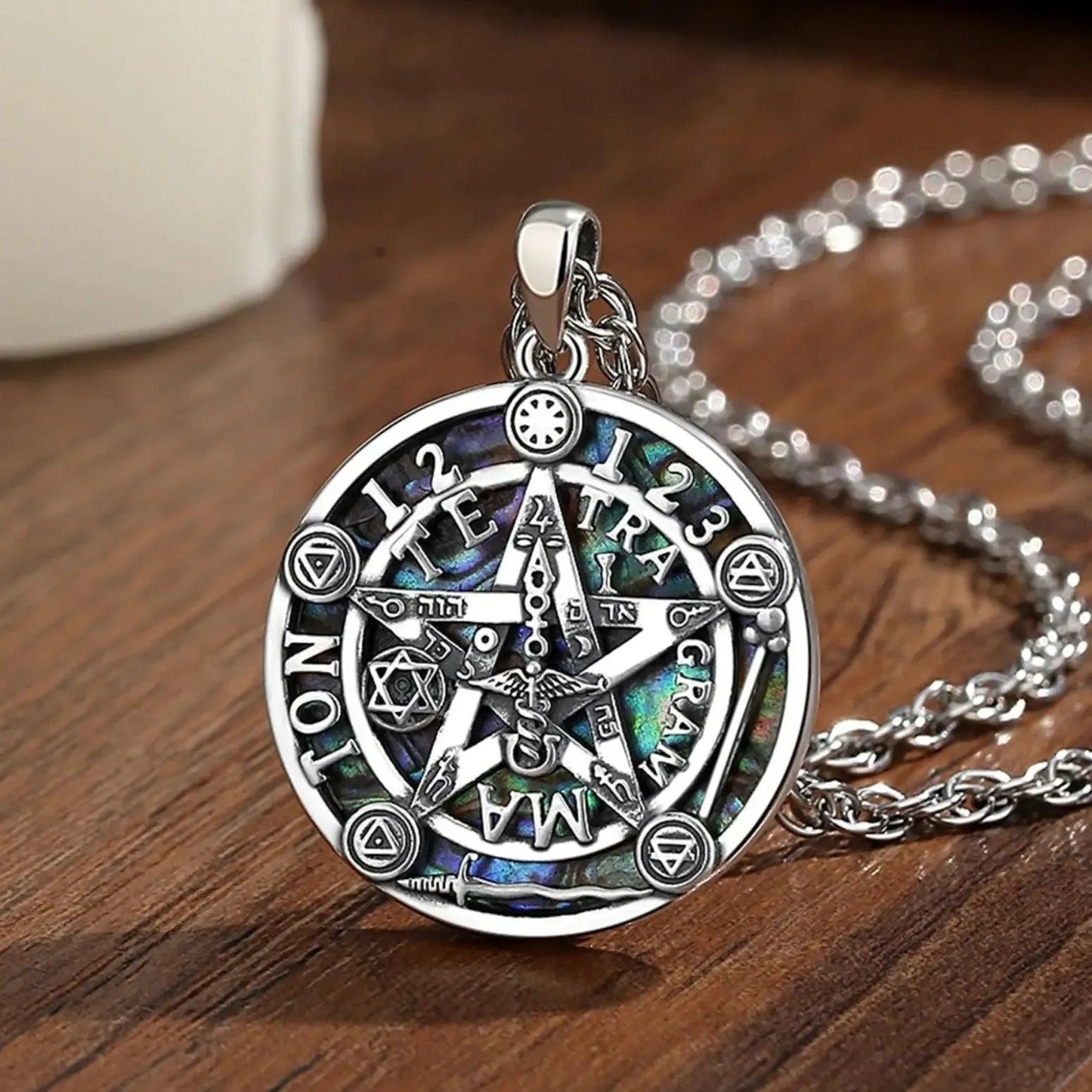925 Silver Pentagram Necklace Natural Abalone Guardian Star Tetragrammaton Pendant Wicca Pagan Jewelry-MoonChildWorld