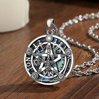 925 Silver Pentagram Necklace Natural Abalone Guardian Star Tetragrammaton Pendant Wicca Pagan Jewelry-MoonChildWorld