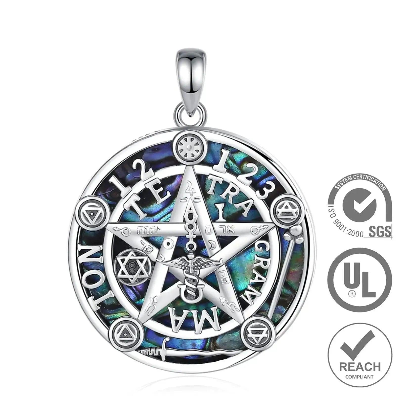 925 Silver Pentagram Necklace Natural Abalone Guardian Star Tetragrammaton Pendant Wicca Pagan Jewelry-MoonChildWorld
