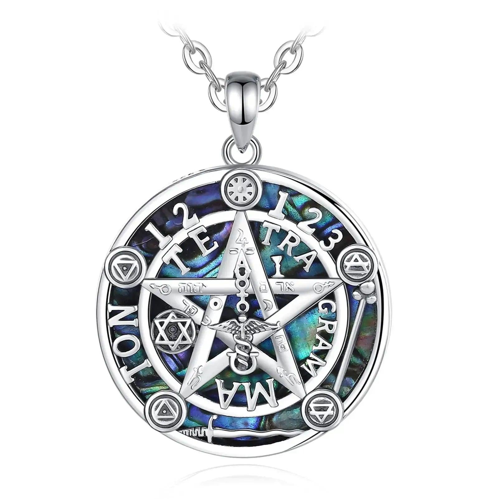 925 Silver Pentagram Necklace Natural Abalone Guardian Star Tetragrammaton Pendant Wicca Pagan Jewelry-MoonChildWorld