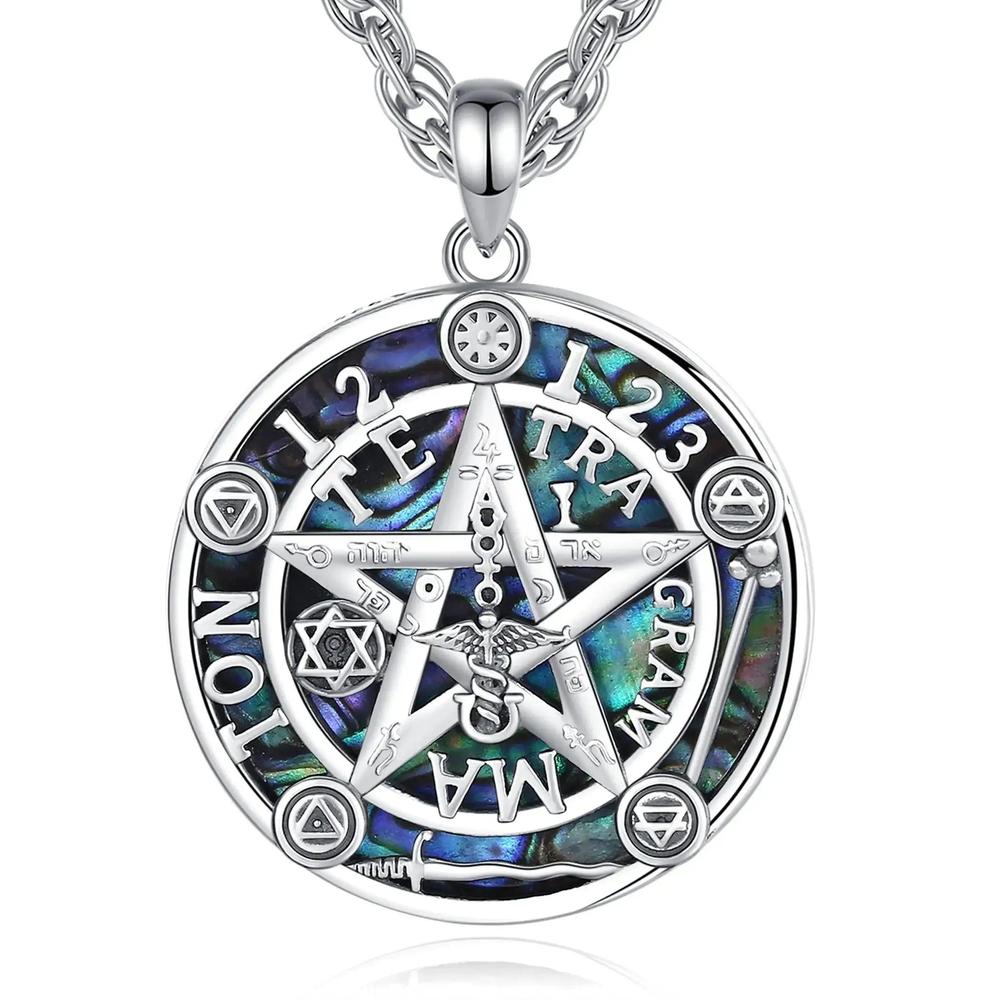 925 Silver Pentagram Necklace Natural Abalone Guardian Star Tetragrammaton Pendant Wicca Pagan Jewelry-MoonChildWorld