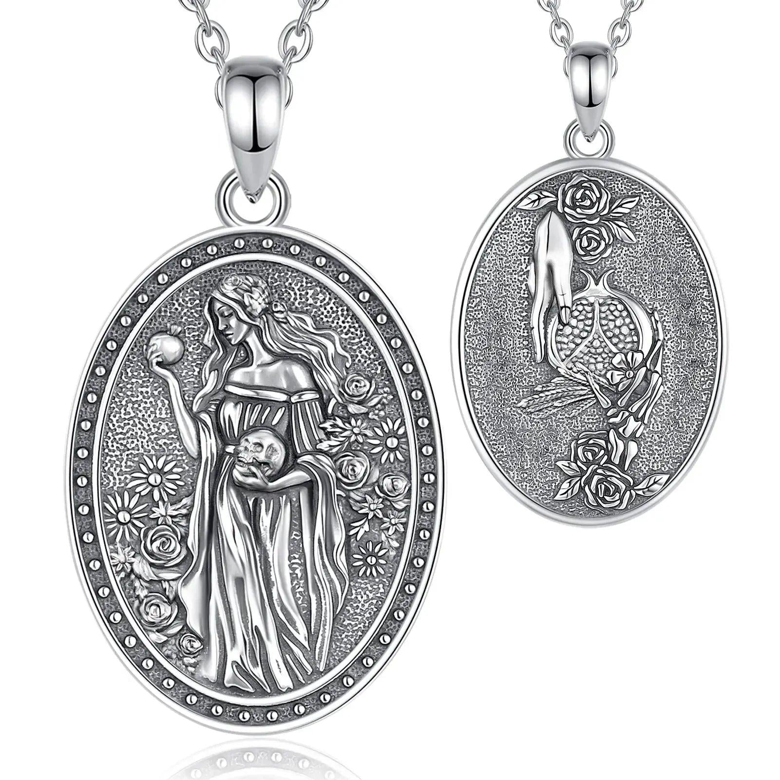 925 sterling silver oval Persephone necklace with goddess holding pomegranate and skull, surrounded by flowers.