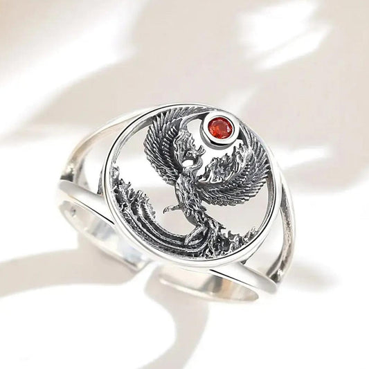 925 Silver Phoenix Adjustable Ring Red Crystal Phoenix Ring Spiritual Jewelry-MoonChildWorld
