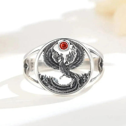 925 Silver Phoenix Adjustable Ring Red Crystal Phoenix Ring Spiritual Jewelry-MoonChildWorld