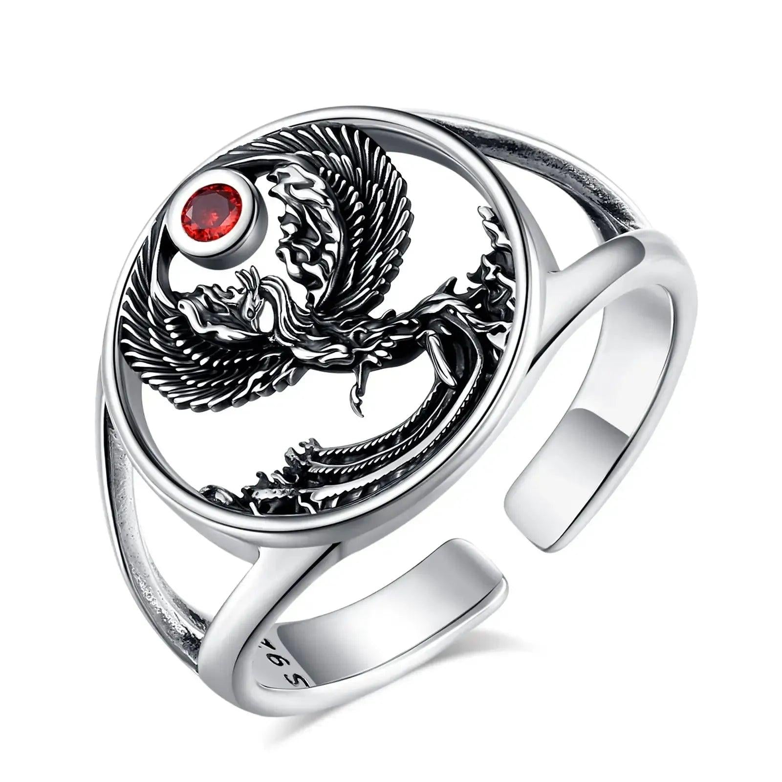 925 Silver Phoenix Adjustable Ring Red Crystal Phoenix Ring Spiritual Jewelry-MoonChildWorld