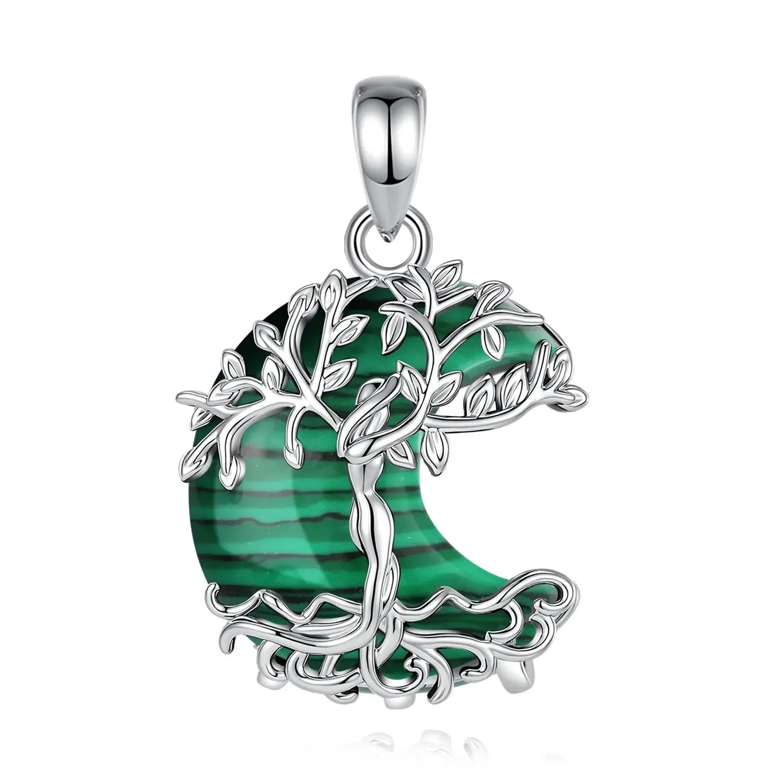 Close-up of silver Tree of Life crescent moon pendant with green malachite stone, chain detached