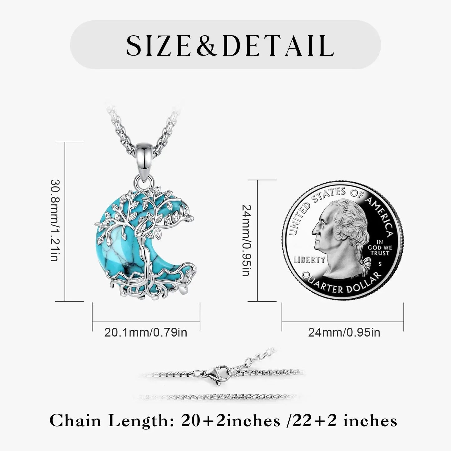 Size and detail chart of Tree of Life crescent moon necklace showing 30.8mm x 20.1mm pendant compared to a quarter coin, with 20+2 inch chain length