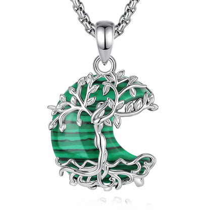 925 Sterling Silver Tree of Life pendant necklace with green malachite crescent moon gemstone and chain