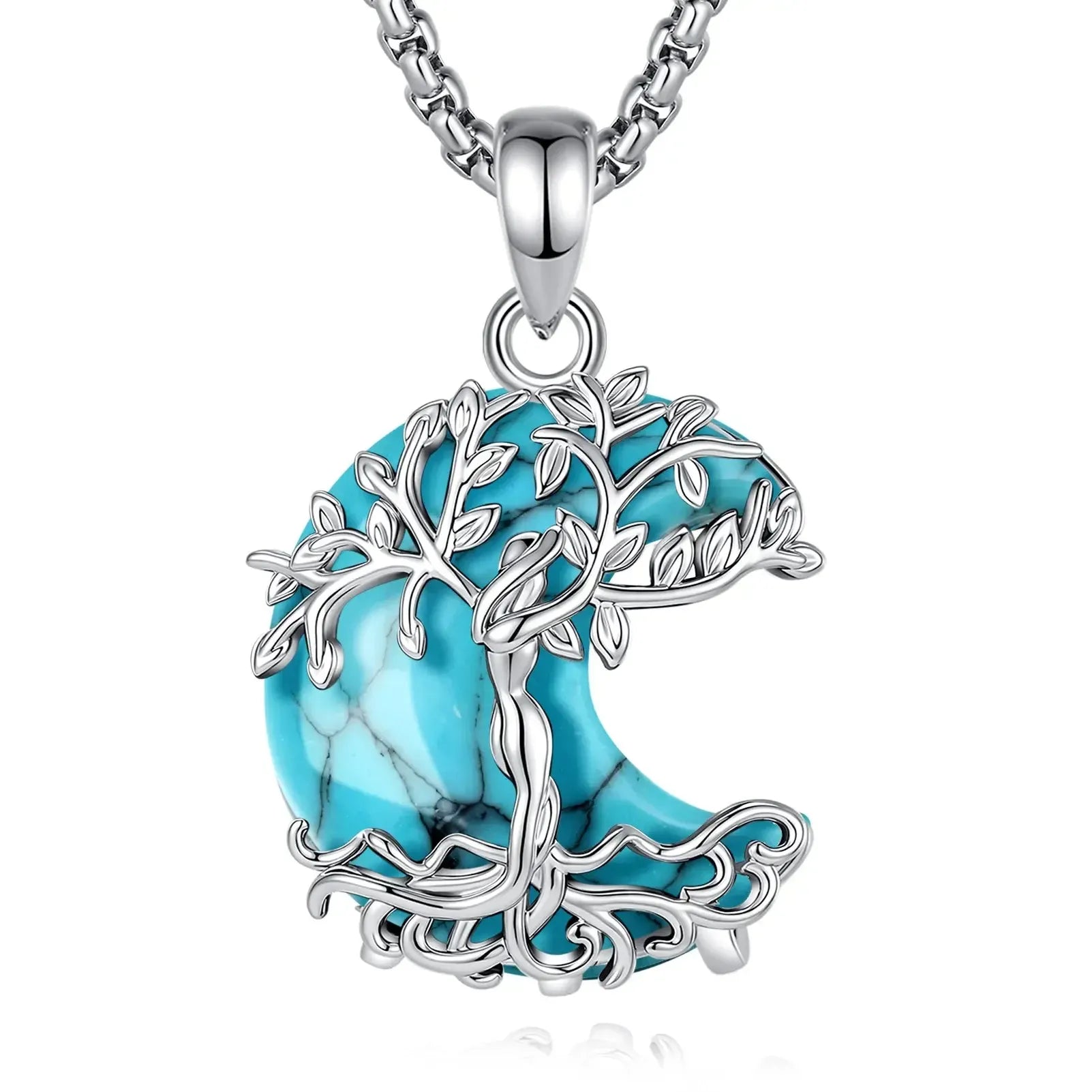 925 Sterling Silver Tree of Life pendant necklace with turquoise crescent moon gemstone and rolo chain